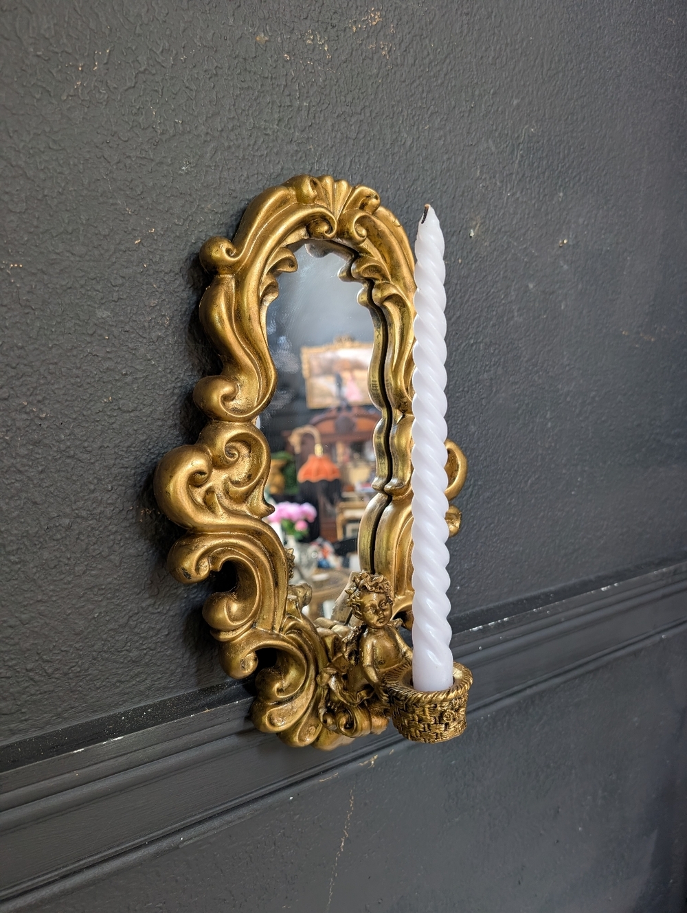 Vintage Grecian Gold Ceramic Cherub Candle Holder Sconce Mirror 14" x 9"